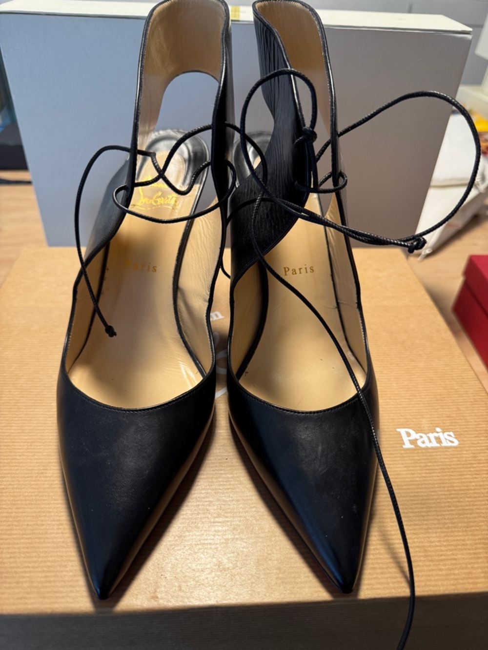 Christian Louboutin Black Pointed Lace-Up Heels
